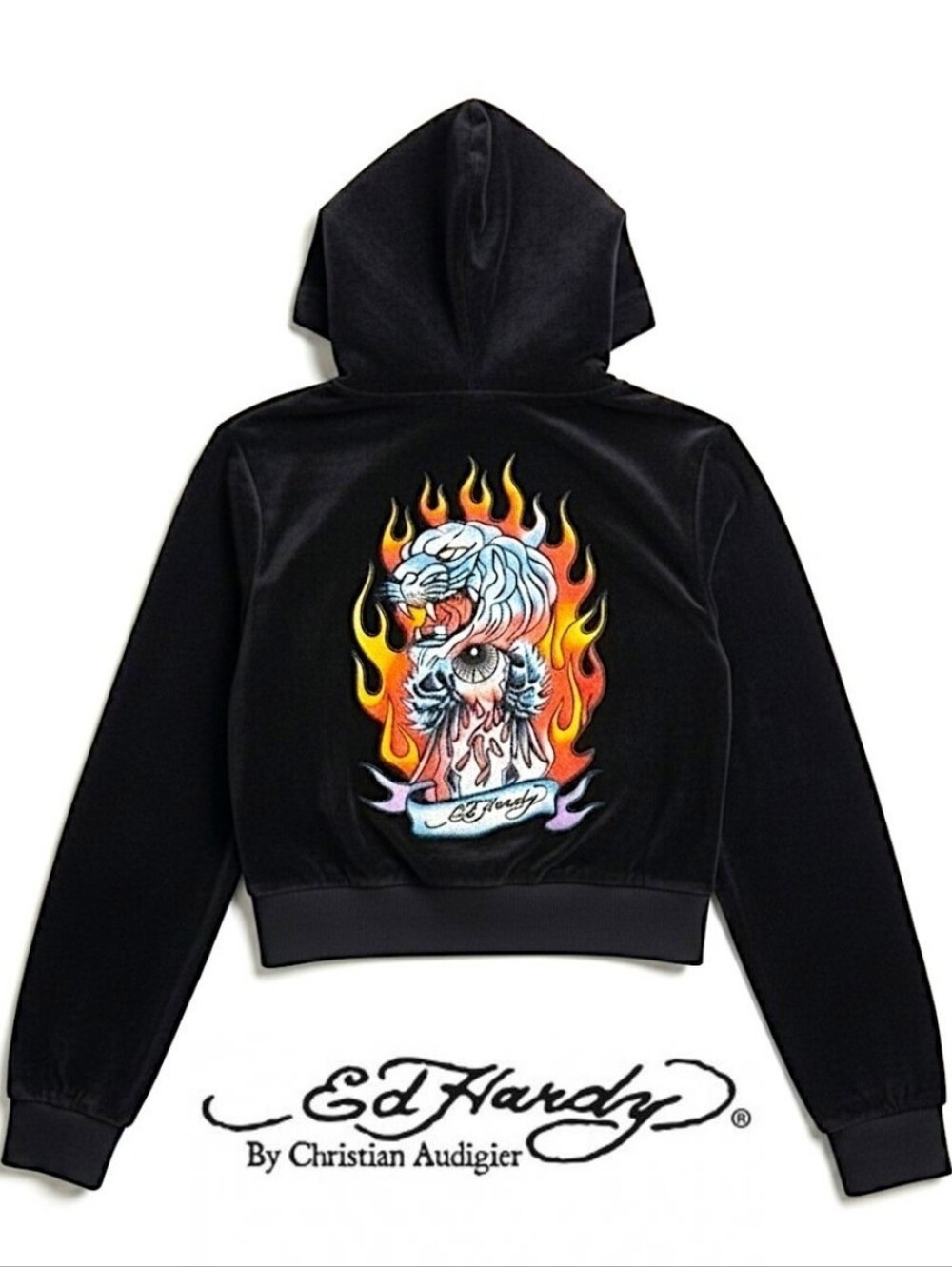 ED HARDY TIGER FLAME CROPPED FAUX FUR HOODIE JACKET Medium NWT
